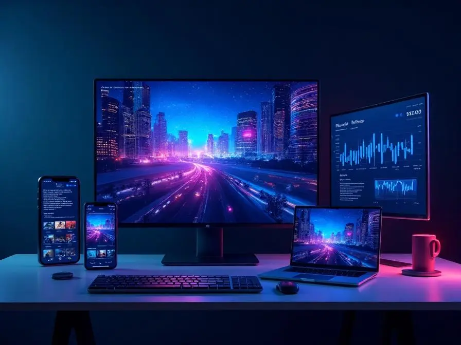 Multi-screen omnichannel advertising setup with TV, mobile, laptop and analytics dashboards